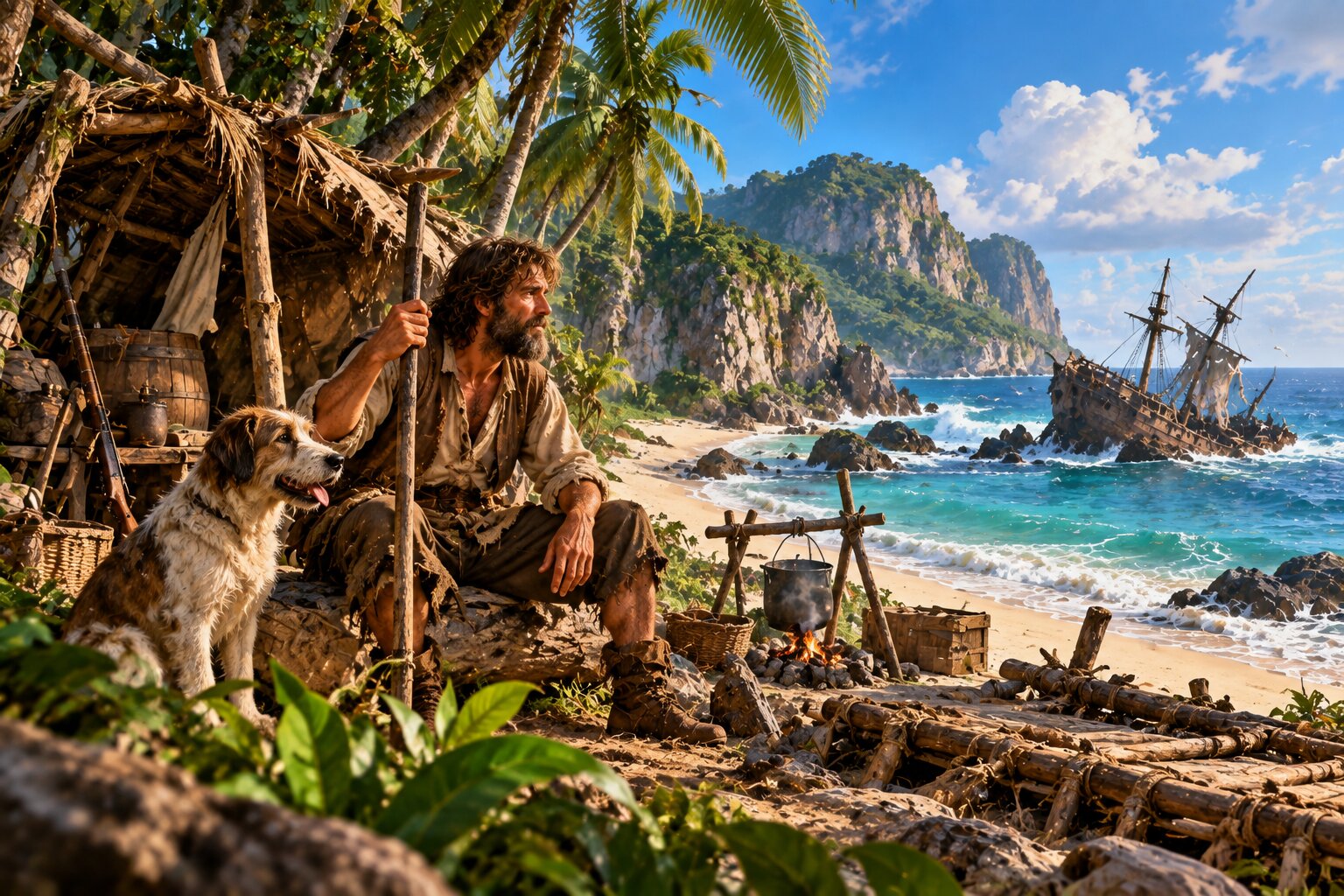 Robinson Crusoe sống sót sau tai nạn trên biển, tự xây dựng cuộc sống và thích nghi với những năm tháng cô độc trên đảo