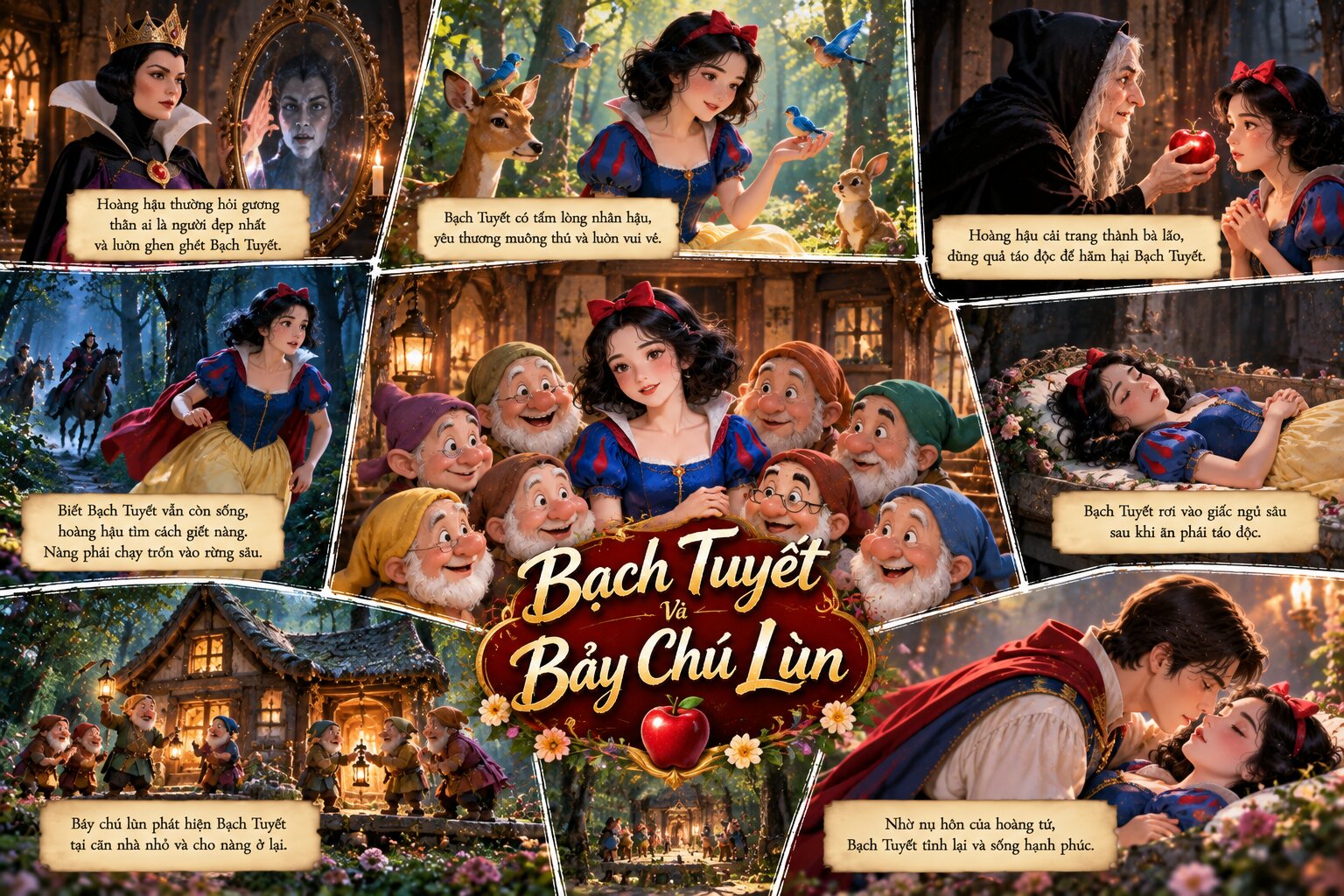 Bạch Tuyết tìm thấy mái ấm bên bảy chú lùn và vượt qua âm mưu của hoàng hậu để hướng đến cuộc sống hạnh phúc