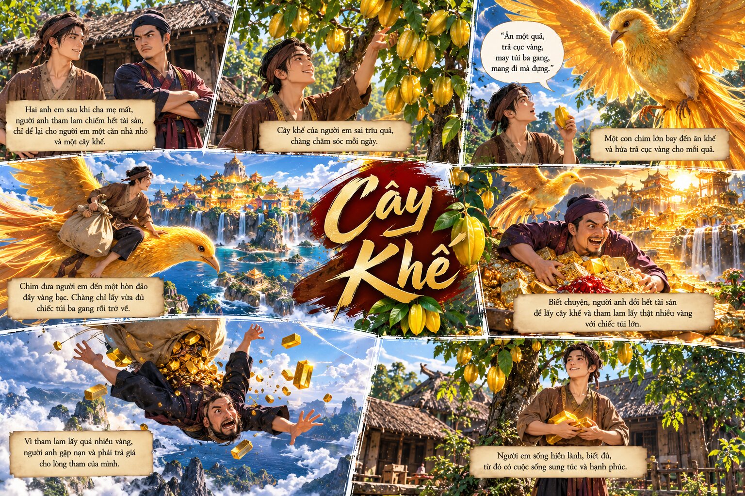 Từ cây khế nhỏ và lời hứa của chim thần, người em hiền lành nhận được phần thưởng xứng đáng cho lòng tốt và sự thật thà