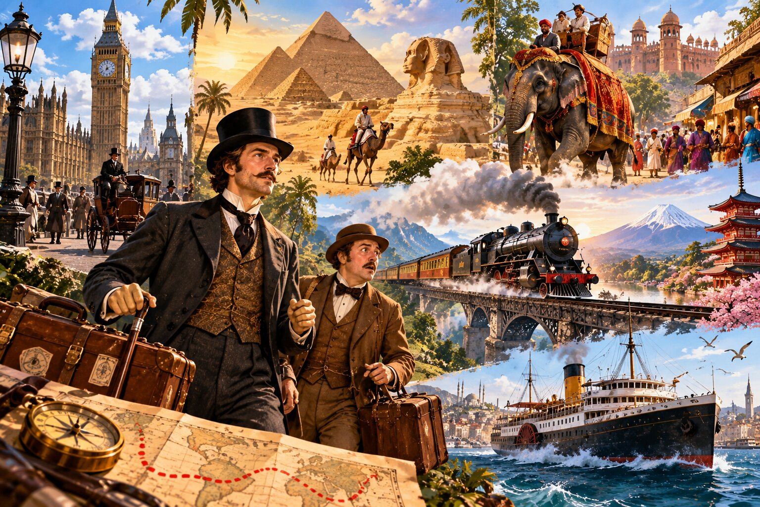 Phileas Fogg bắt đầu chuyến đi vòng quanh thế giới trong 80 ngày, trải qua nhiều vùng đất và những thử thách bất ngờ