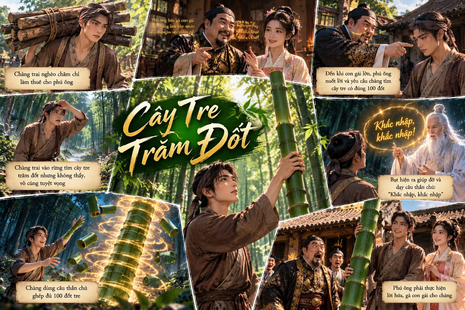 Anh Khoai hiền lành bị phú ông lừa gạt nhưng nhờ cây tre trăm đốt kỳ diệu, anh đã đòi lại công bằng và hạnh phúc