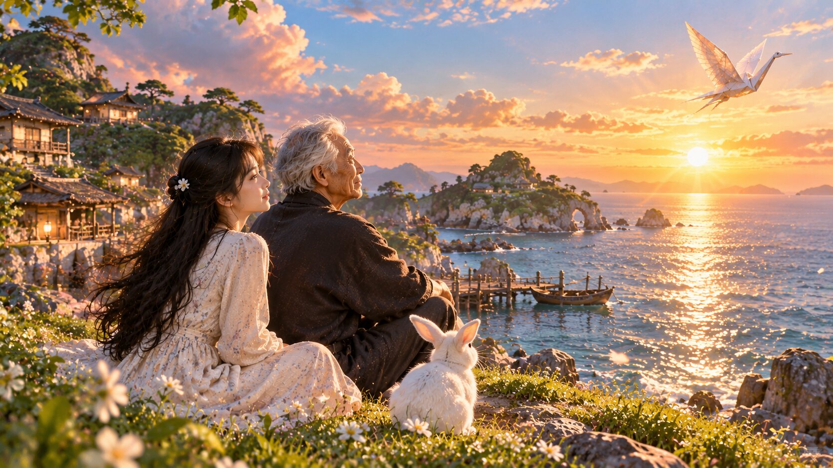 Vương Kết Hương đứng bên Ân Hiển tóc bạc trên đảo Thỏ Con dưới ánh bình minh, minh họa kết thúc cảm động của Đưa Em Đến Hòn Đảo Của Anh