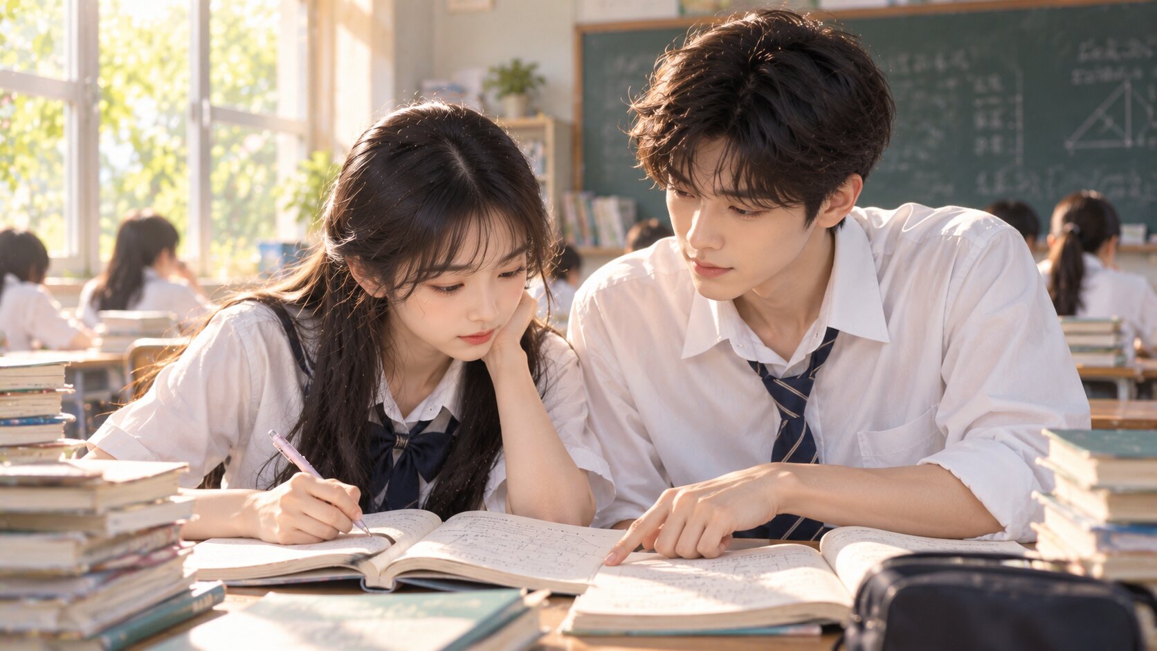 Đinh Tiễn và Chu Tư Việt ngồi cùng bàn học, nam chính hướng dẫn nữ chính giải toán trong truyện Bí Mật Nơi Góc Tối