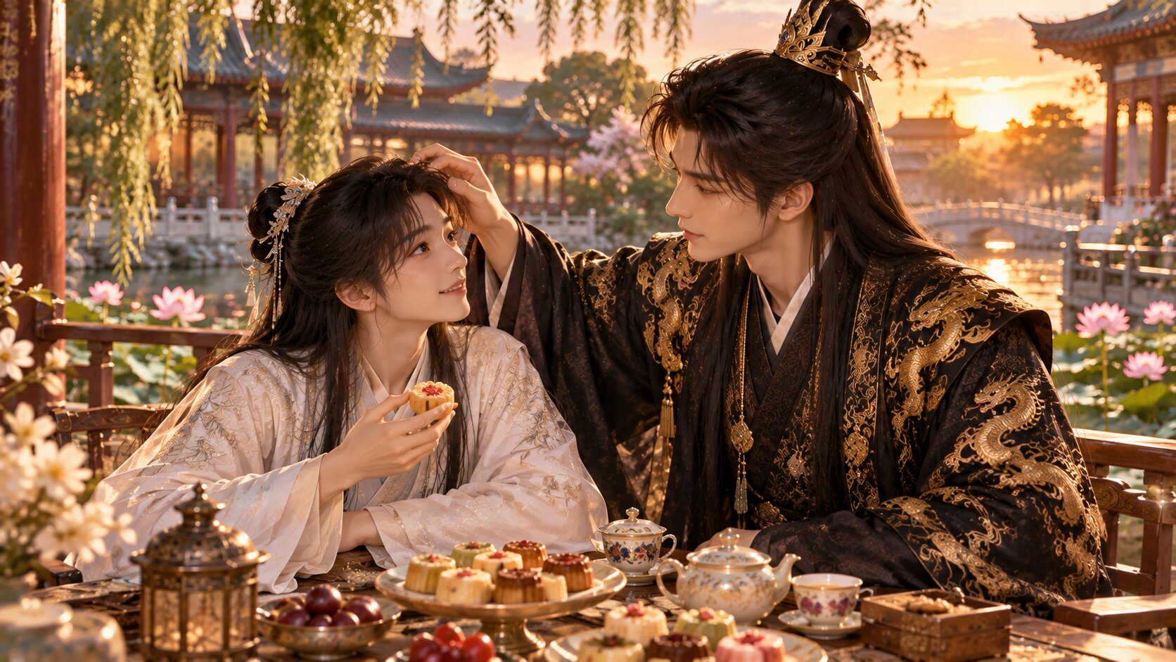 Vân Trạch ăn bánh bên Chung Hành mặc long bào trong khu vườn hoàng cung, minh họa kết thúc hạnh phúc của Cục Cưng Bé Nhỏ Ăn No Chưa
