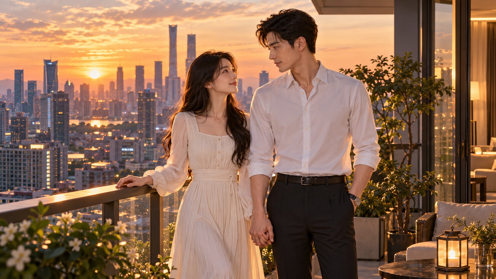 Thời Miểu và Mẫn Đình nắm tay nhau trên ban công lúc hoàng hôn ở Bắc Kinh, thể hiện kết thúc hạnh phúc của Nhân Danh Tình Yêu