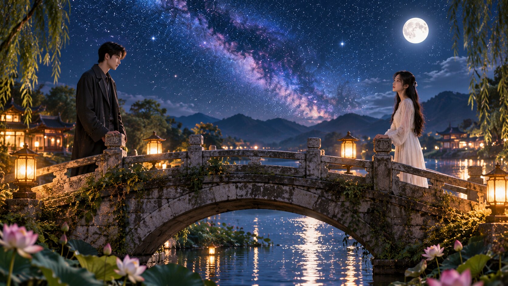 Thẩm Hàn Vũ và Thẩm Thiên Tình đứng cách xa nhau dưới bầu trời Thất Tịch không mưa, hình ảnh biểu tượng cho tình yêu dang dở