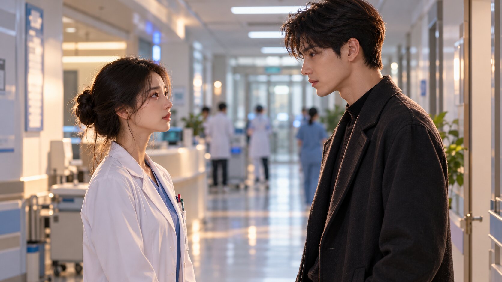 Bác sĩ Hứa Tùy gặp lại Chu Kinh Trạch trong hành lang bệnh viện sau nhiều năm chia tay, cảnh tái ngộ trong truyện Tỏ Tình