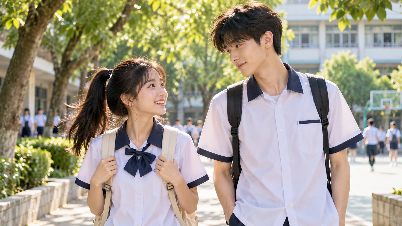 Tiêu Thỏ và Lăng Siêu đứng cạnh nhau trong sân trường dưới nắng hè, minh họa chuyện tình thanh mai trúc mã Con Thỏ Bắt Nạt Cỏ Gần Hang