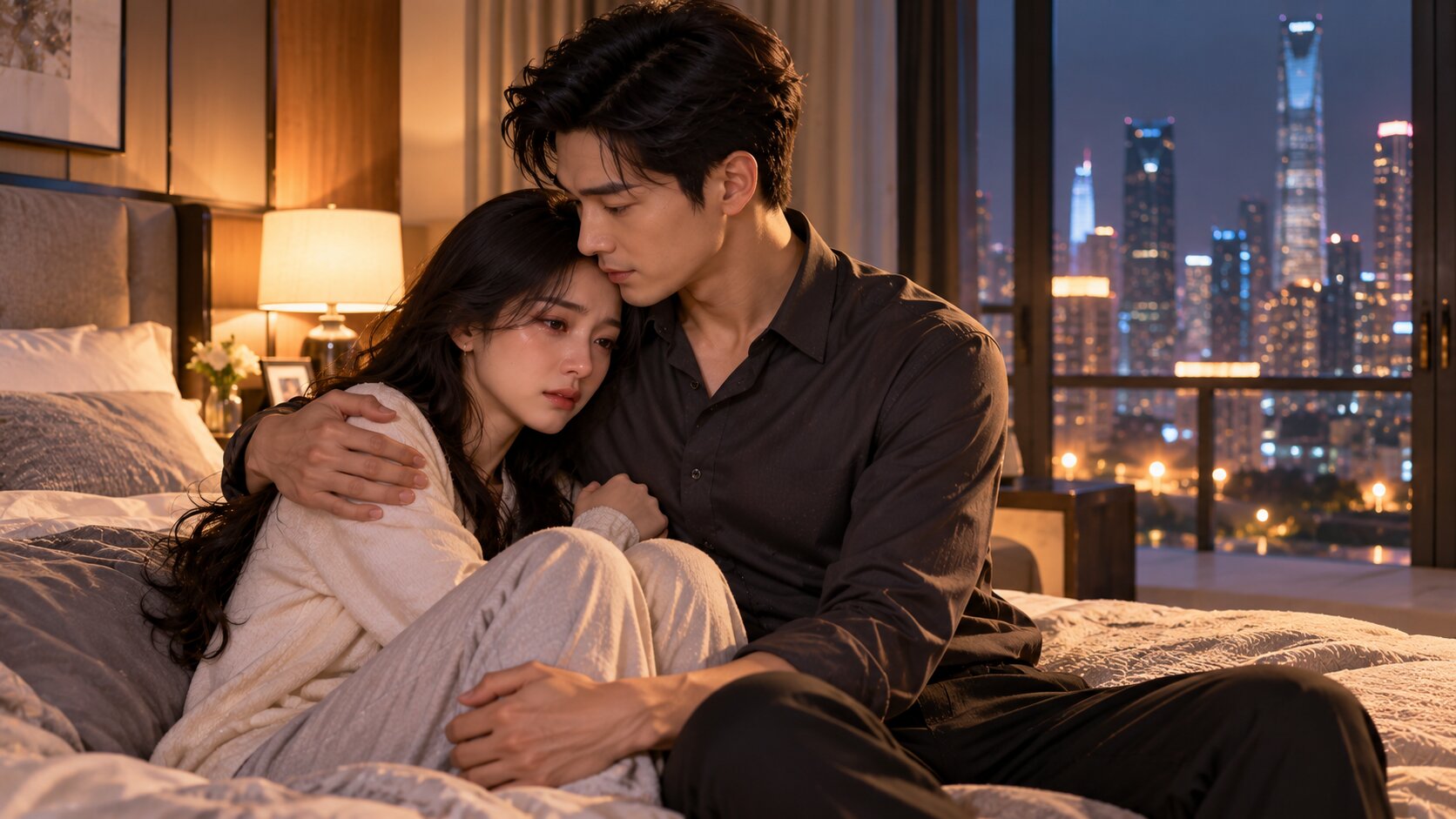 Mẫn Đình ôm an ủi Thời Miểu đang khóc trong căn phòng ấm áp, thể hiện tình cảm chữa lành trong truyện Nhân Danh Tình Yêu
