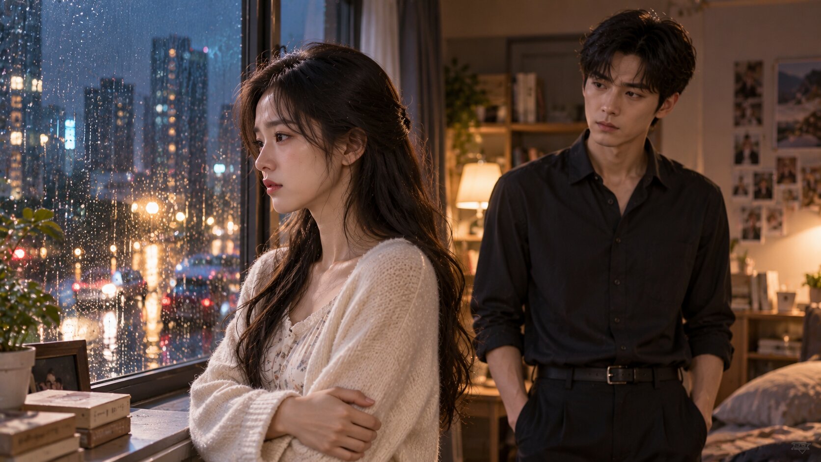 Vương Kết Hương và Ân Hiển đứng trong căn phòng dưới trời mưa, thể hiện những tổn thương tình cảm trước biến cố chia ly