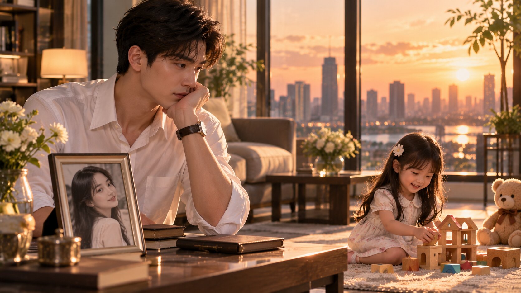 Hoắc Vĩnh Ninh nhìn con gái nhỏ bên cửa sổ, cạnh bức ảnh Thư Hoàn, minh họa kết thúc bi thương của Trở Về Nơi Tình Yêu Bắt Đầu